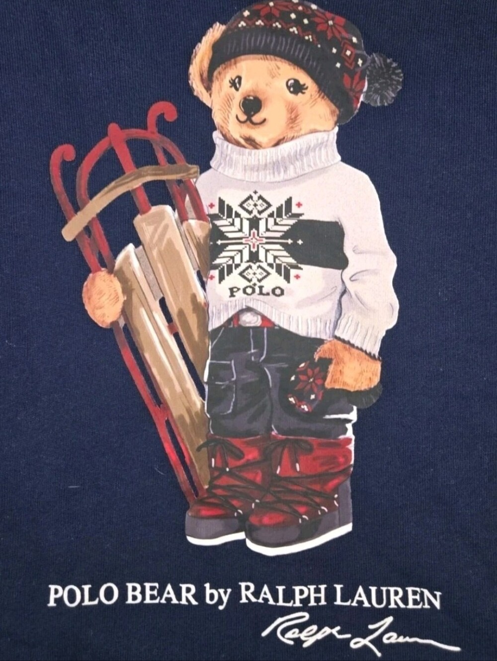 Polo Bear Graphic Sweatshirt by Ralph Lauren, Navy Kids Sz 5, Bear Holding Sled